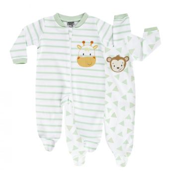 BOLEY Baby Schlafanzug, Safari, 2er-Pack, weiß-grün, Gr. 50-86