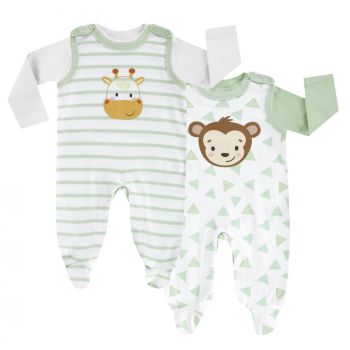 BOLEY Baby Stramplerset, Safari, 2er-Pack, weiß-grün, Gr. 50-74