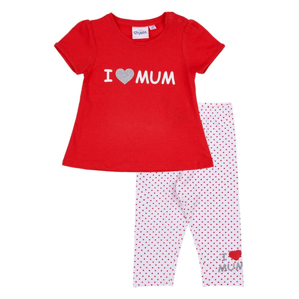 LamaLoLi Baby Set "I love Mum", Glitzerdruck, Hose + Shirt, rot-weiß, Gr. 80